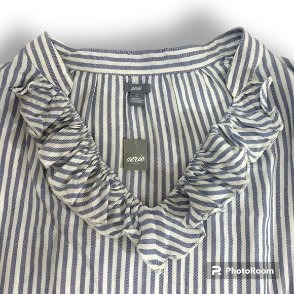NWT AERIE lightweight LS Striped Ruffle Neck Pullover Tunic sz Small - Picture 3 of 9